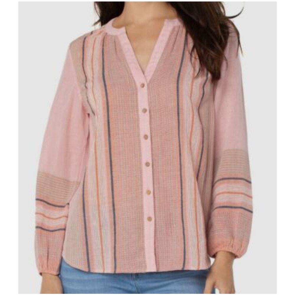 Liverpool Striped Beachy Top Womens XL Pink Cotton Button Peasant Breezy Blouse